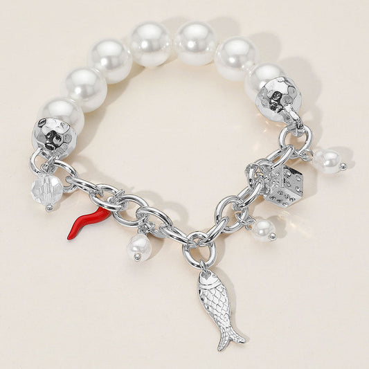 SECRET BOX_Fish Dice Chili Charm Pearl Beaded Stretch Bracelet