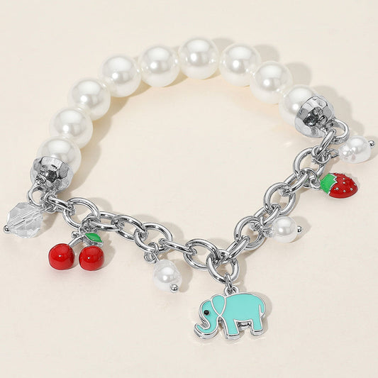 SECRET BOX_Elephant Cherry Strawberry Charm Pearl Beaded Stretch Bracelet