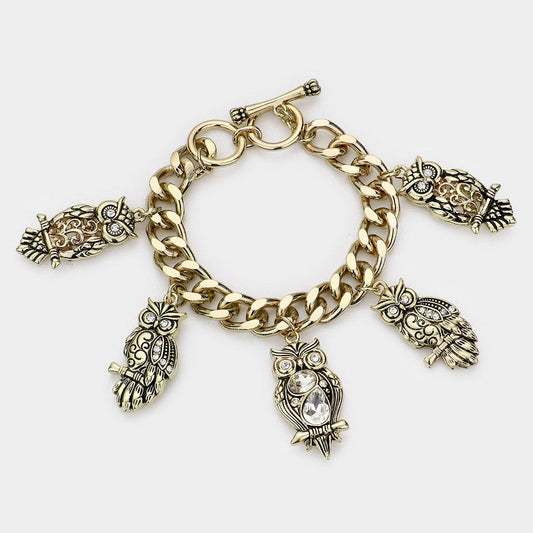 Multi Owl Charm Toggle Bracelet