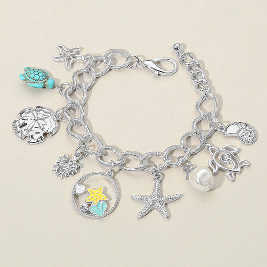 Starfish Sea Turtle Sea Shell Pearl Charm Station Bracelet