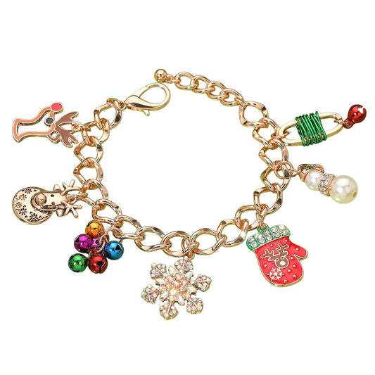 Pearl Snowman Snowflake Christmas Mitten Rudolph Charm Bracelet