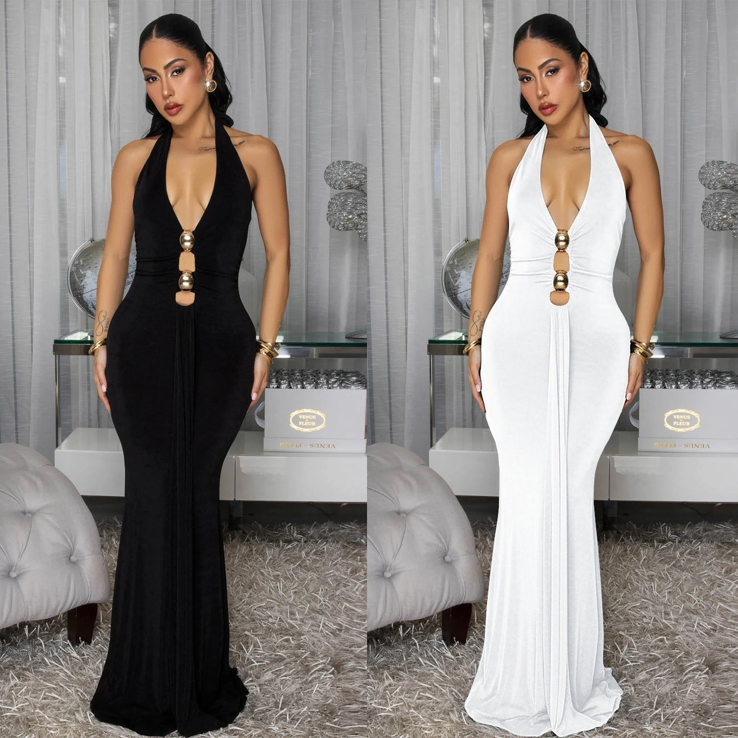 Fashion Women's Sexy Backless Halter Deep V Neck Solid Color Dress
