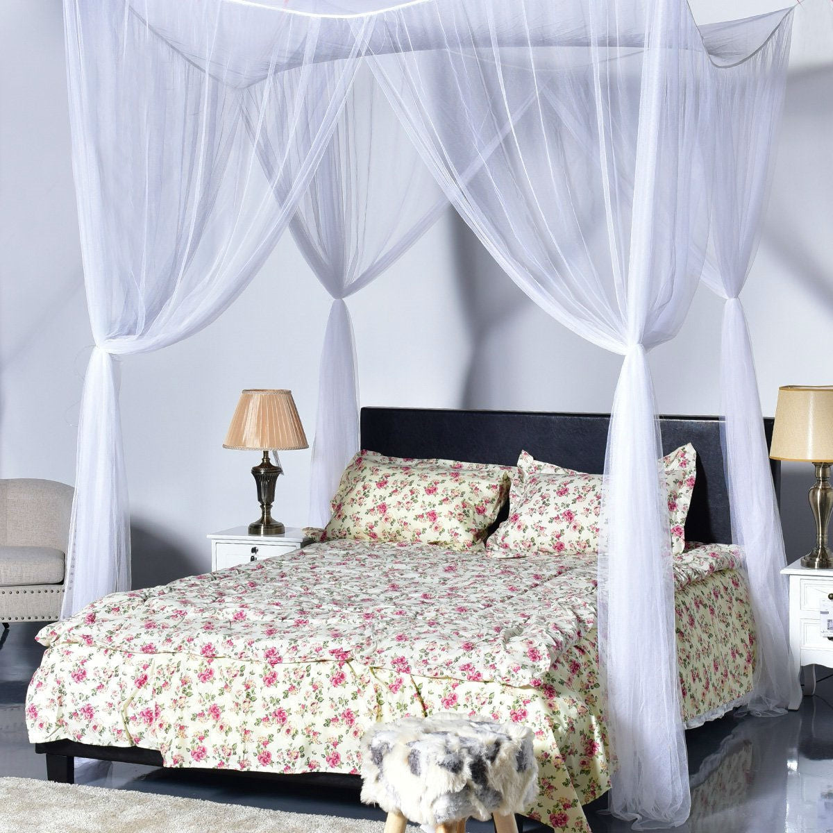 White 4-Post Bed Princess Canopy Net Mosquito Netting for Full or Queen size Beds-0