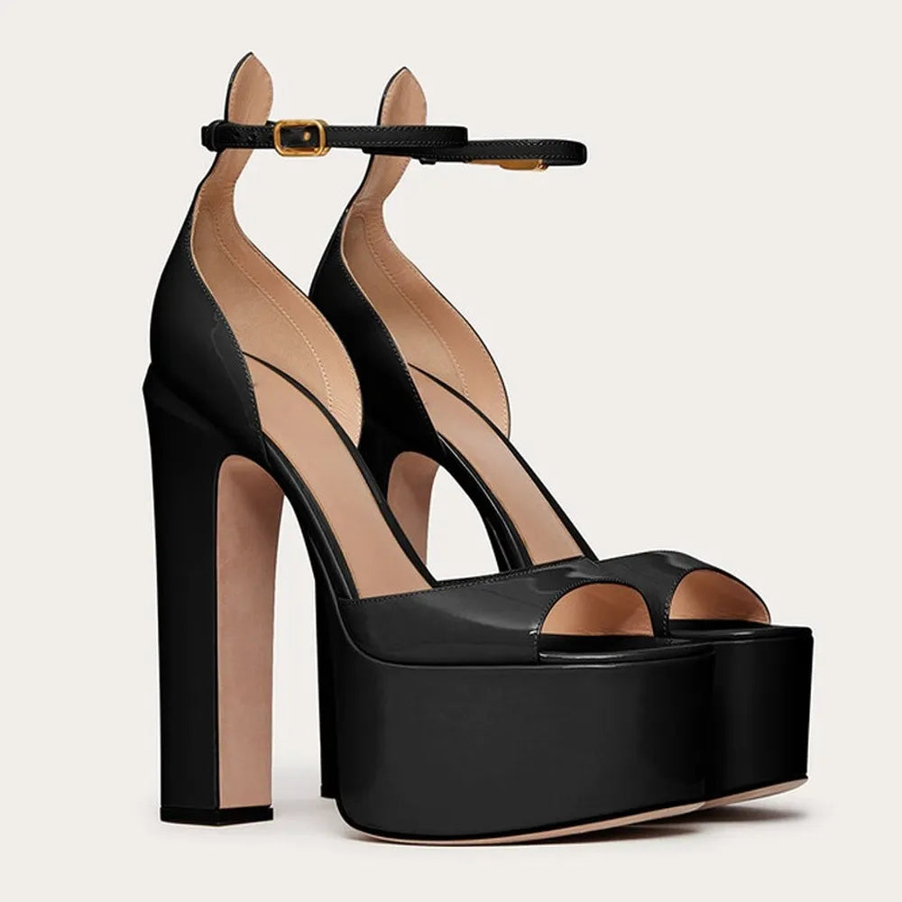 New Sexy Party Women's Pumps Patent Leather Summer Sandals Thick High Heel Platform Fish Mouth Shoes Black White Big Size