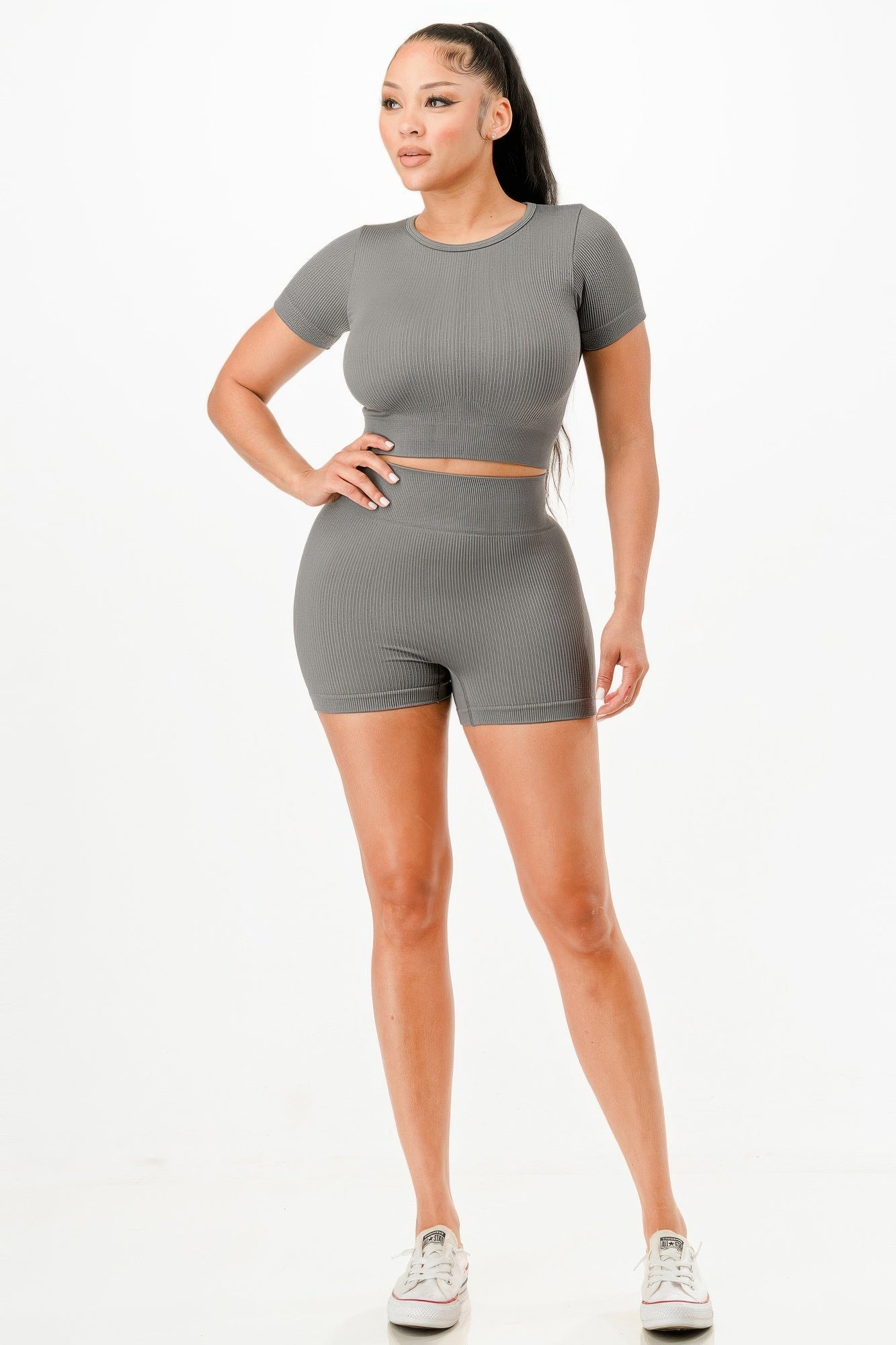 Ribbed Seamless T-shirt And Bike Shorts Set