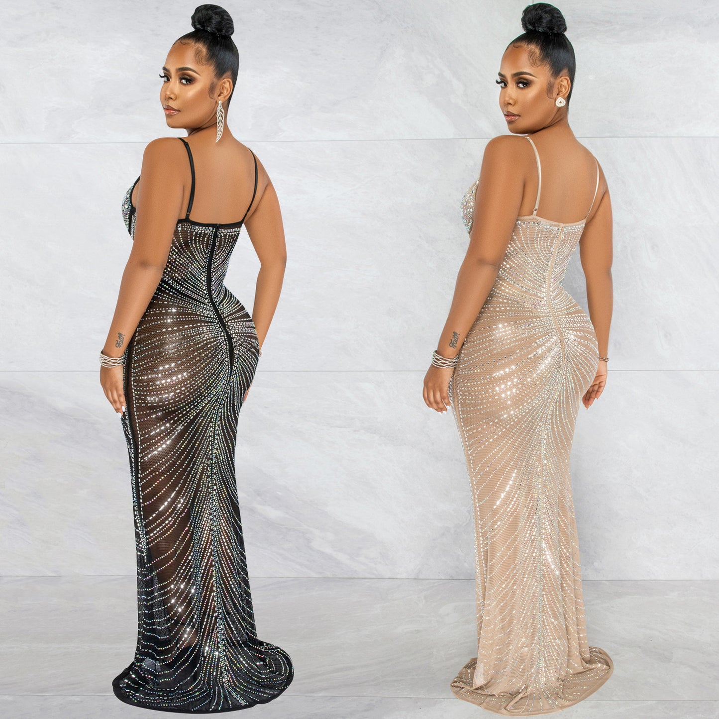 Fashion Sexy Beaded Strapless Sheer Mesh Long Dress