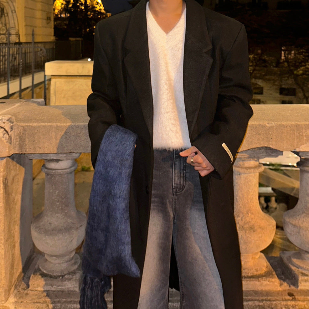 Mature Style Mid-Length Wool Coat for Men Winter Warm Suit Collar H-Line Wool Trench Coat op
