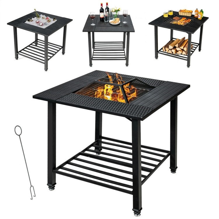 4 in 1 Square Fire Pit, Grill Cooking BBQ Grate, Ice Bucket, Dining Table-0