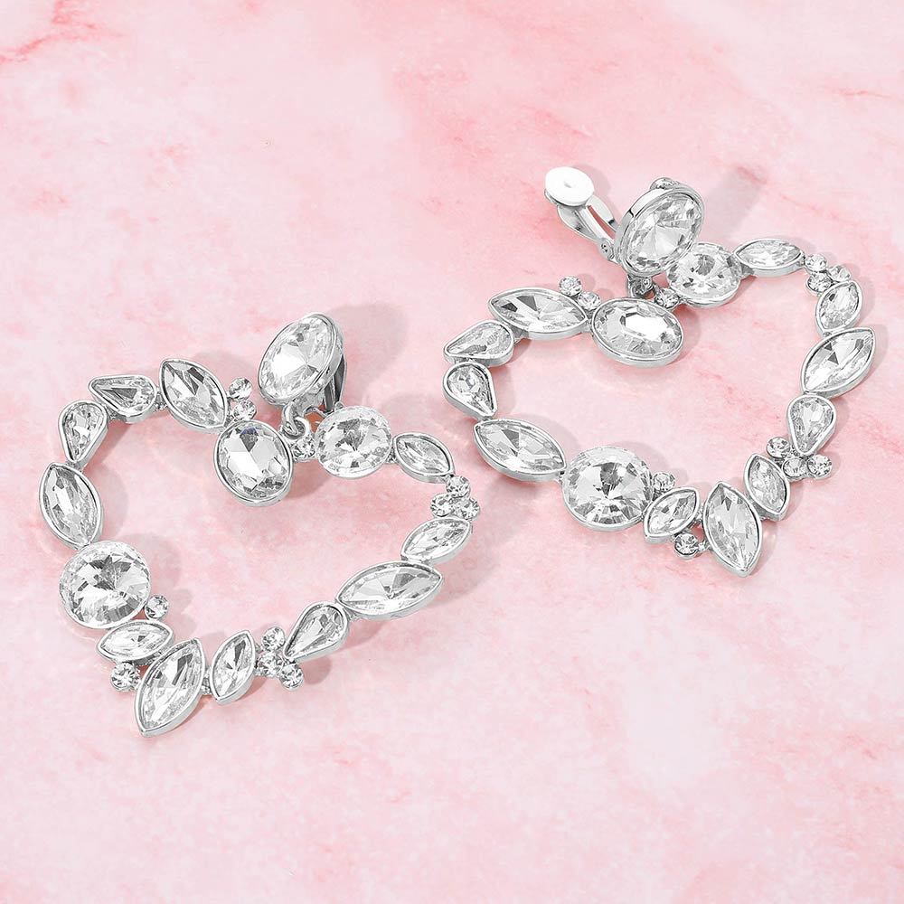 Oval Marquise Teardrop Stone Cluster Open Heart Drop Evening Statement Earrings