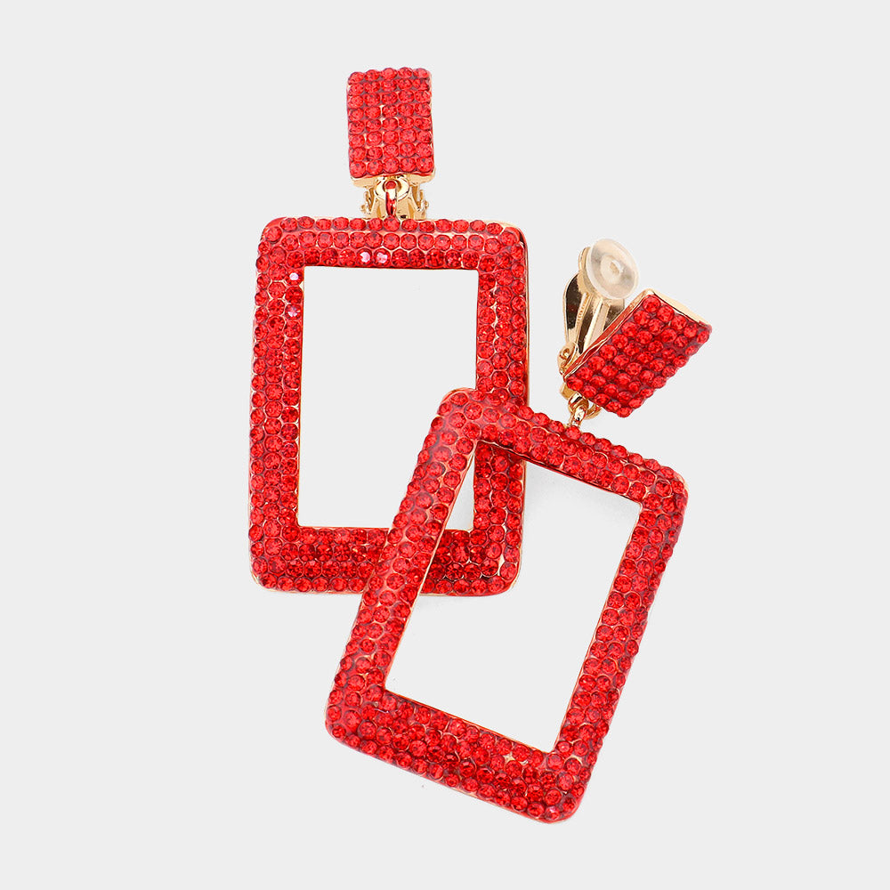 Rhinestone Embellished Open Rectangle Dangle Evening Earrings