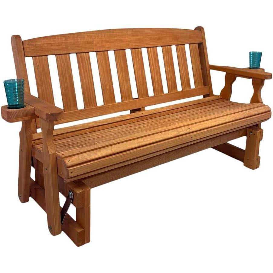 4ft Heavy Duty Porch Glider Bench with Cupholders in Cedar Finish - Made in USA-2