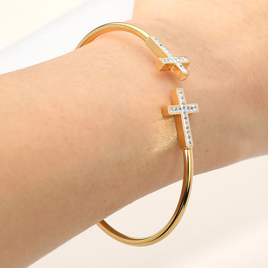 Stainless Steel Stone Paved Cross Tip Cuff Bracelet