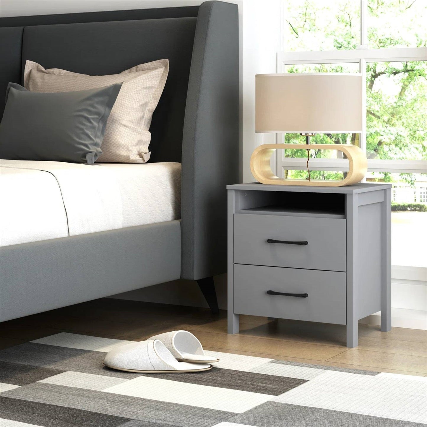 Modern 2-Drawer Bedside Table Nightstand with Open Shelf in Grey Wood Finish-1