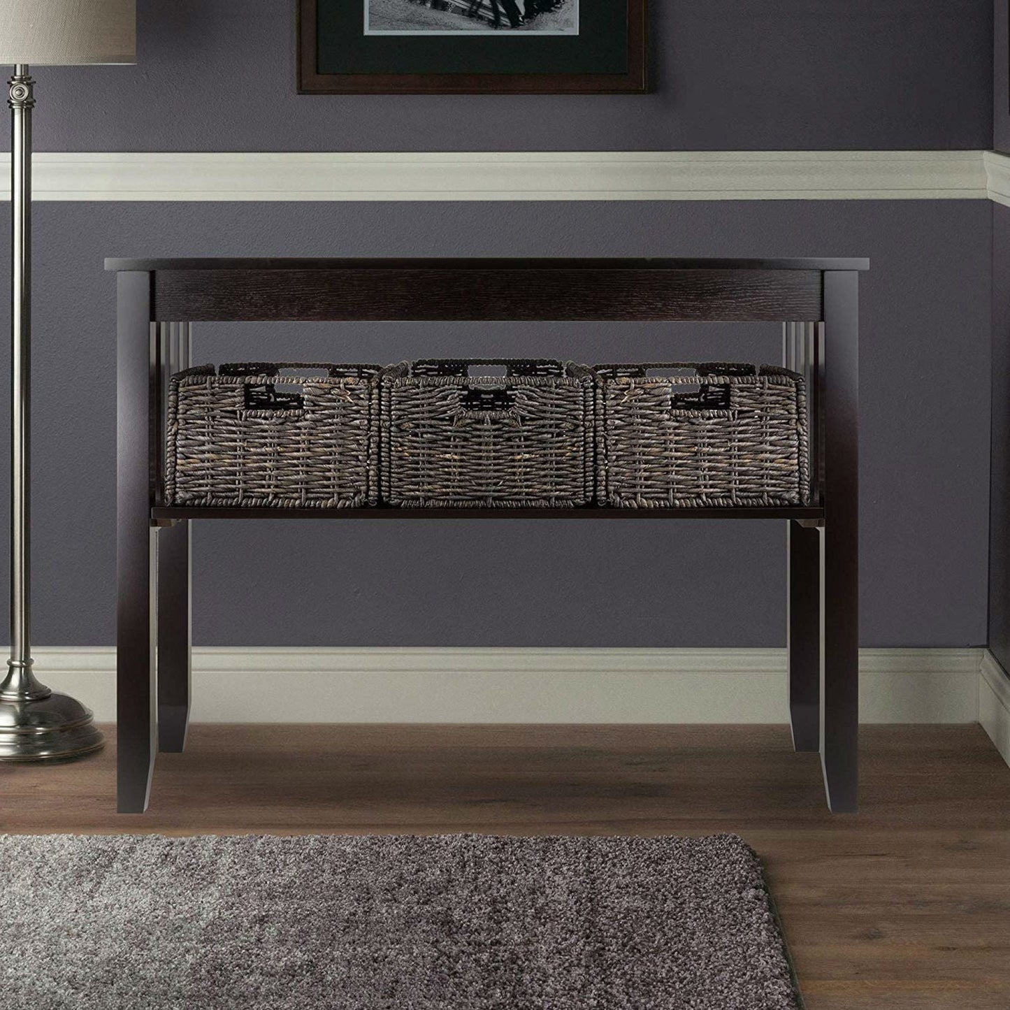 Espresso 2 Tier Entryway Hall Console Table with 3 Storage Baskets-3