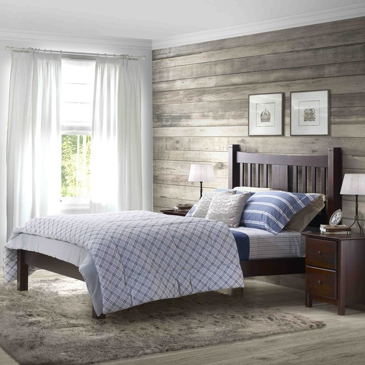 Queen size Solid Pine Wood Platform Bed Frame with Headboard in Cherry-3