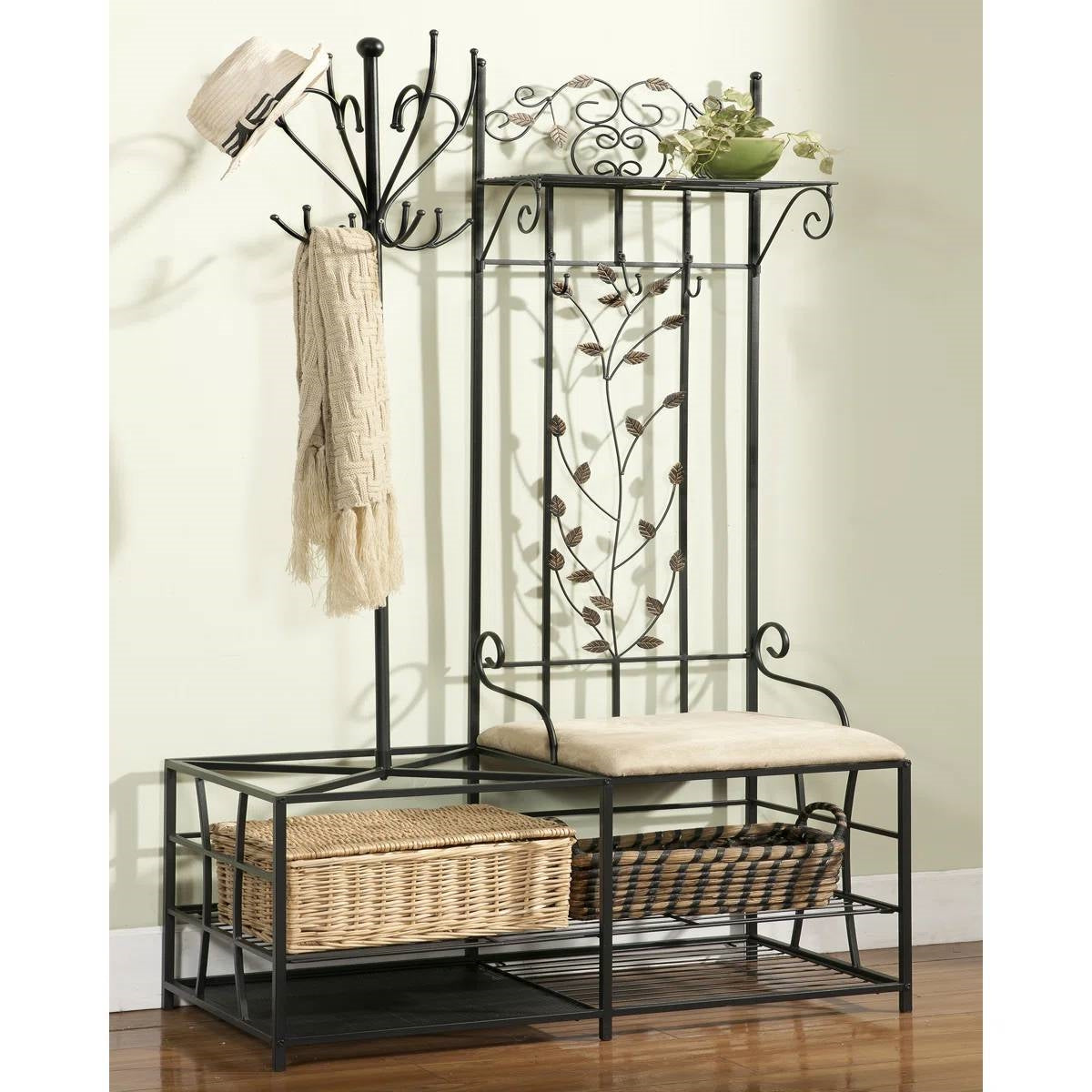 Entryway Hall Tree Coat Rack Storage Bench with Scrolling Leaves Scrollwork-1