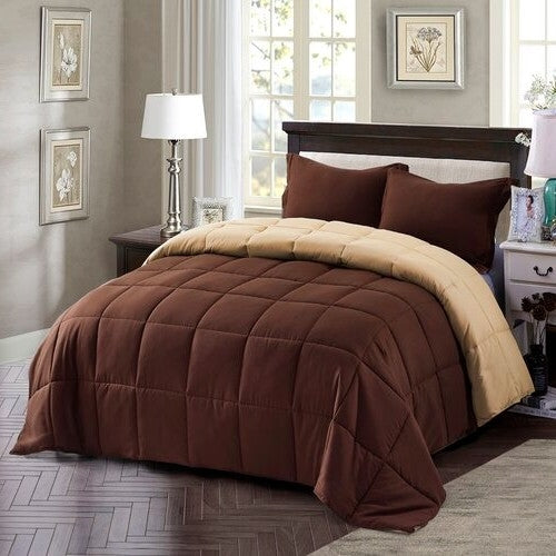 Twin/Twin XL Traditional Microfiber Reversible 3 Piece Comforter Set in Brown-0