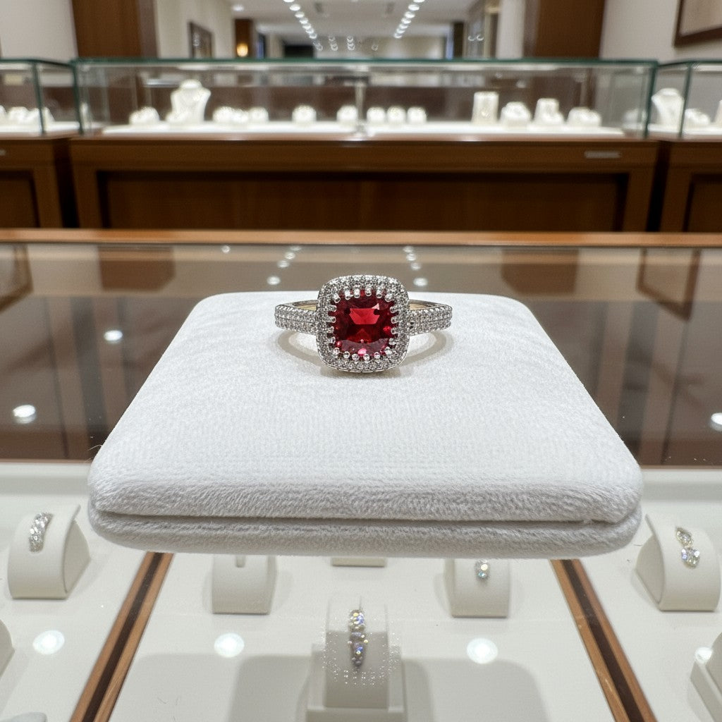 "Comforting Light" Cushion Cut w/ Cubic Zirconia Halo Cremation Ring  6.4x6.4mm