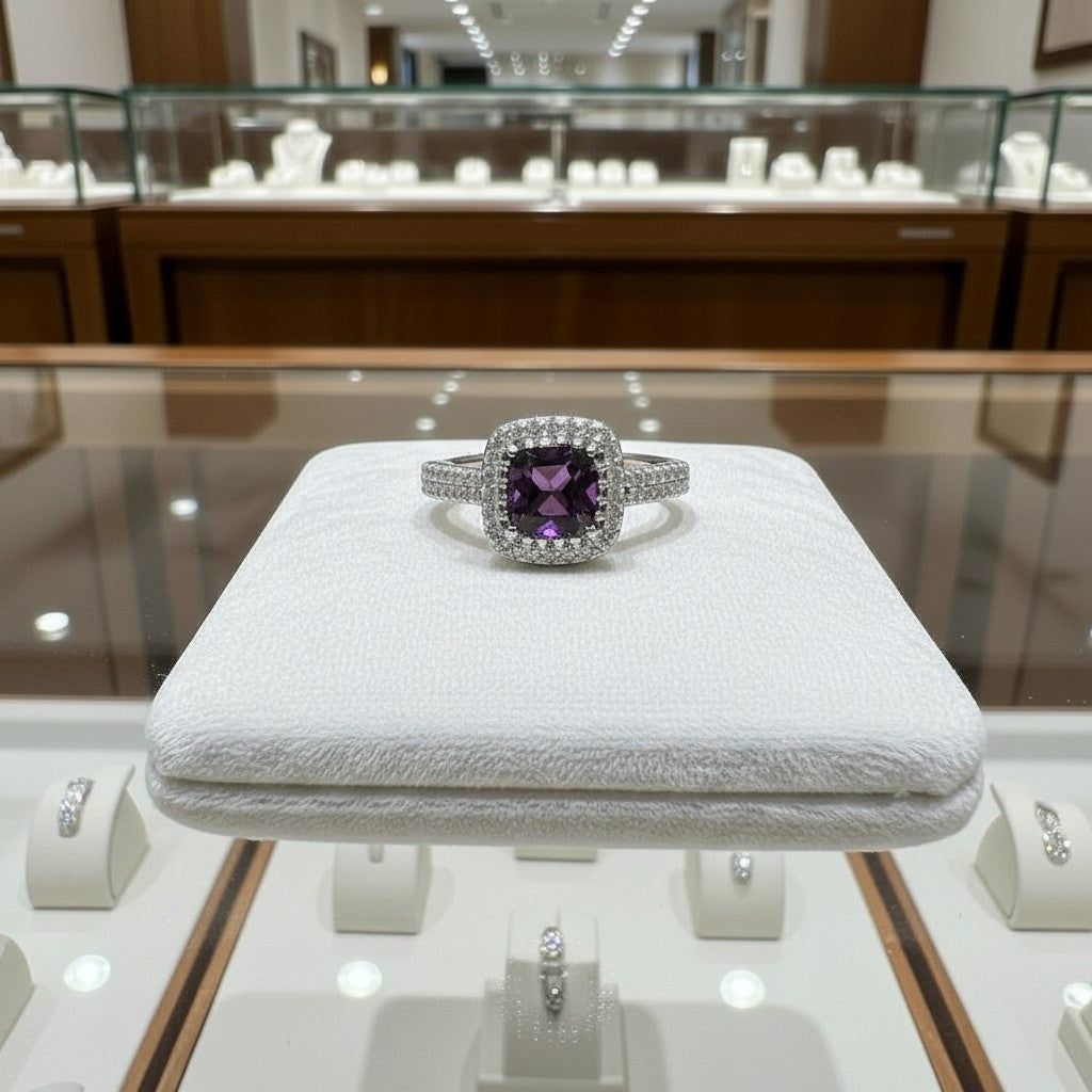 "Comforting Light" Cushion Cut w/ Cubic Zirconia Halo Cremation Ring  6.4x6.4mm