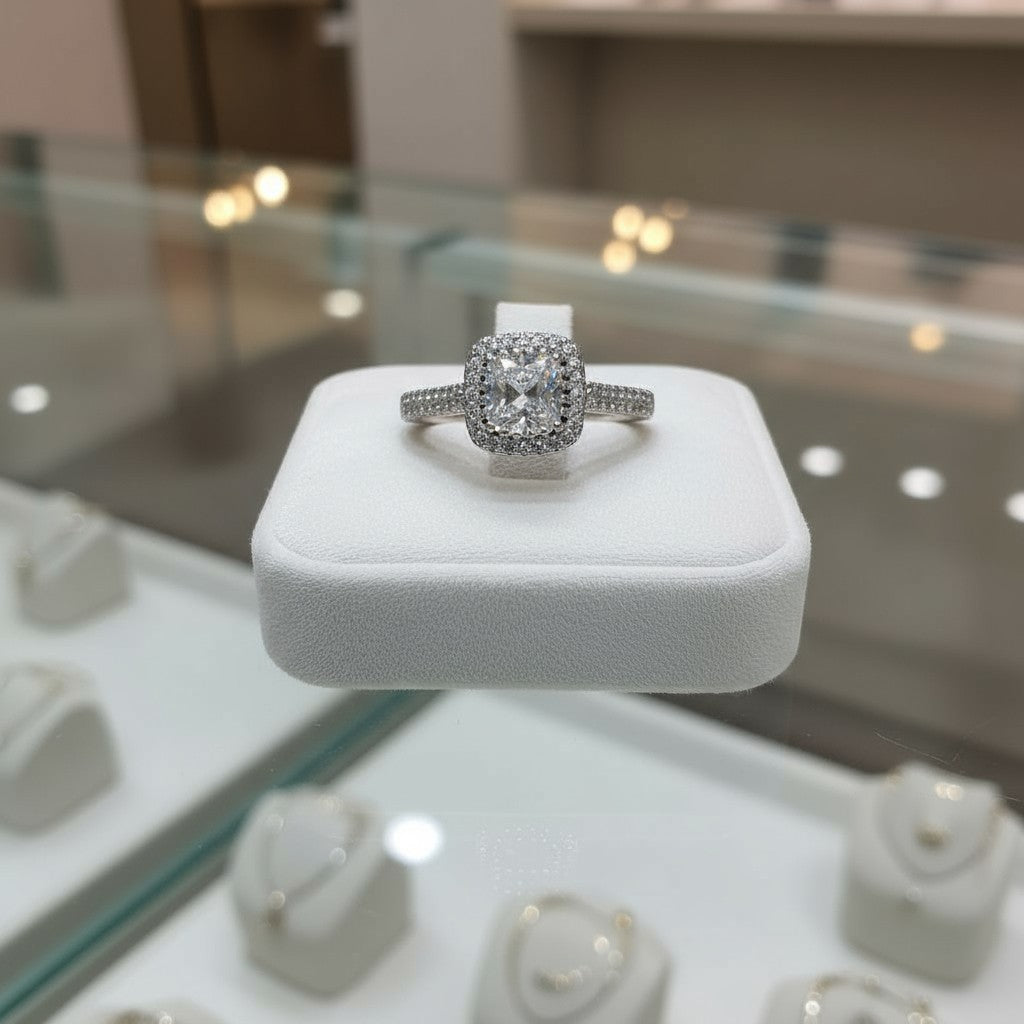 "Comforting Light" Cushion Cut w/ Cubic Zirconia Halo Cremation Ring  6.4x6.4mm