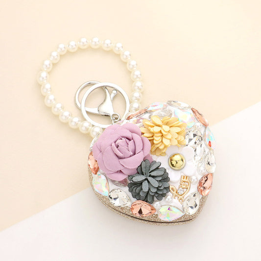 Floral Pearl Multi Bead Embellished Heart Compact Mirror / Keychain