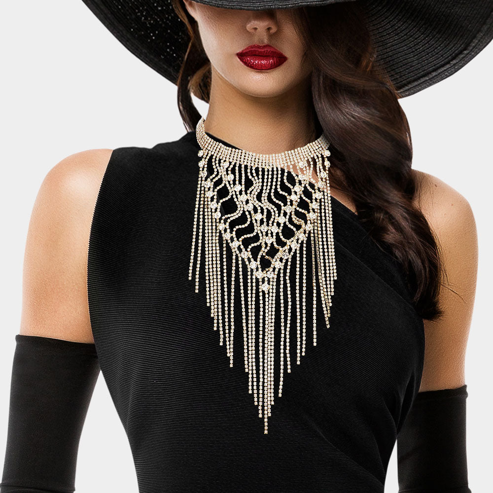 Round Stone Pointed Long Dropped Rhinestone Fringe Choker Necklace