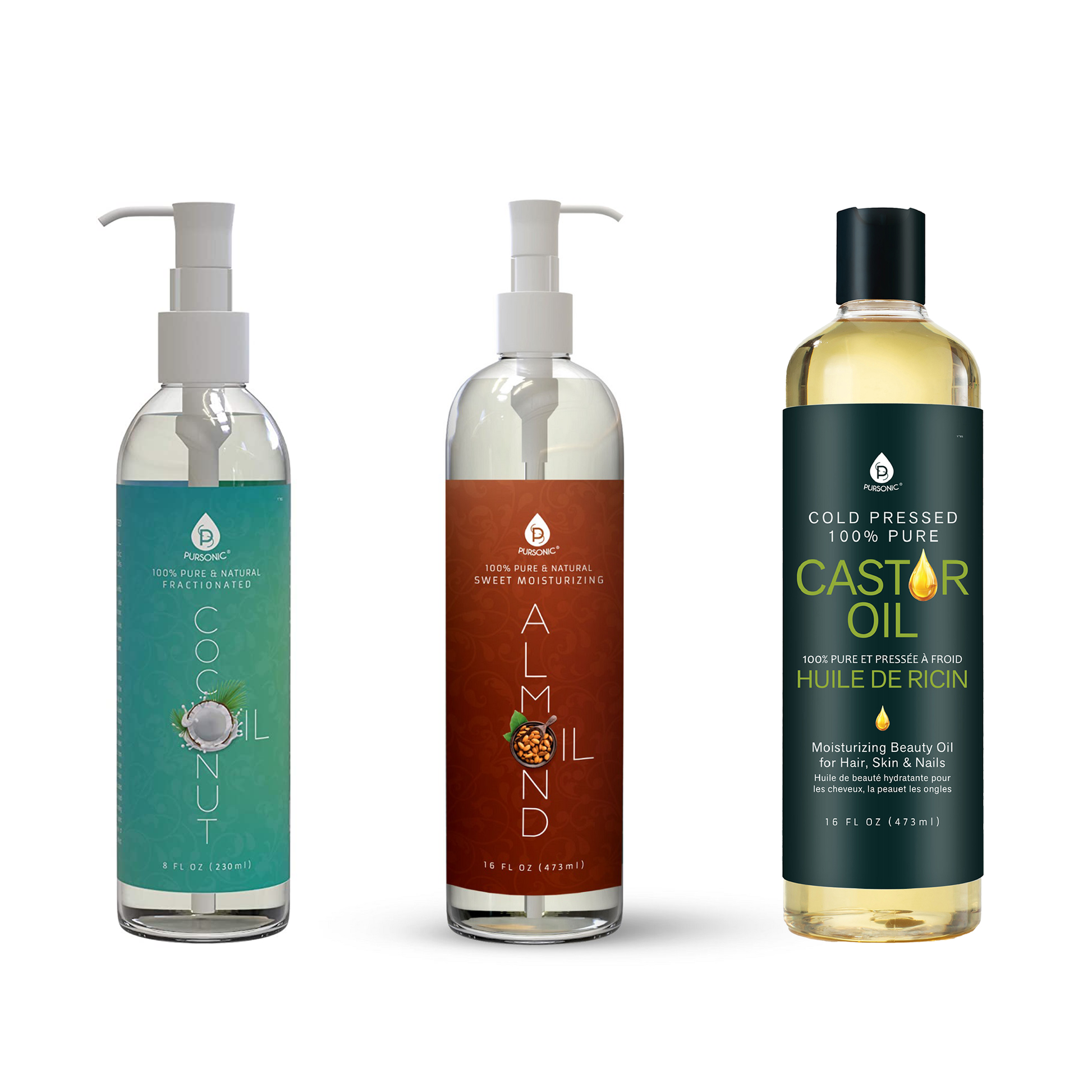 Pursonic Natural Beauty Trio: Fractionated Coconut, Sweet Almond & Castor Oil-0