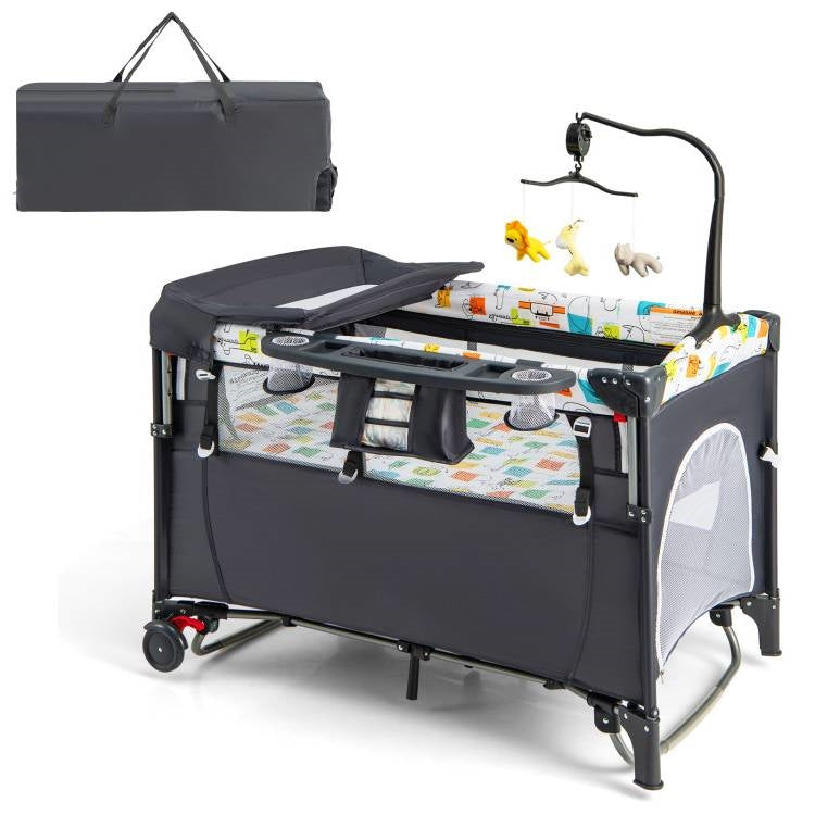 Grey Foldable Baby/Toddler Playpen Bassinet Bed Crib Music Box-0
