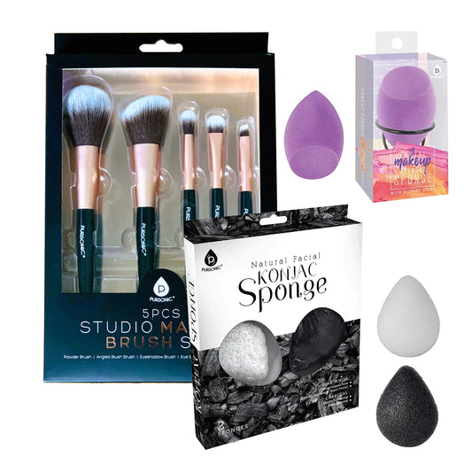 Beauty Essentials Bundle: Facial Makeup Blender Sponge + Natural Facial Konjac Sponge Duo Set(3 pack) + 5 Pcs Studio Makeup Brush Set (Black)-0
