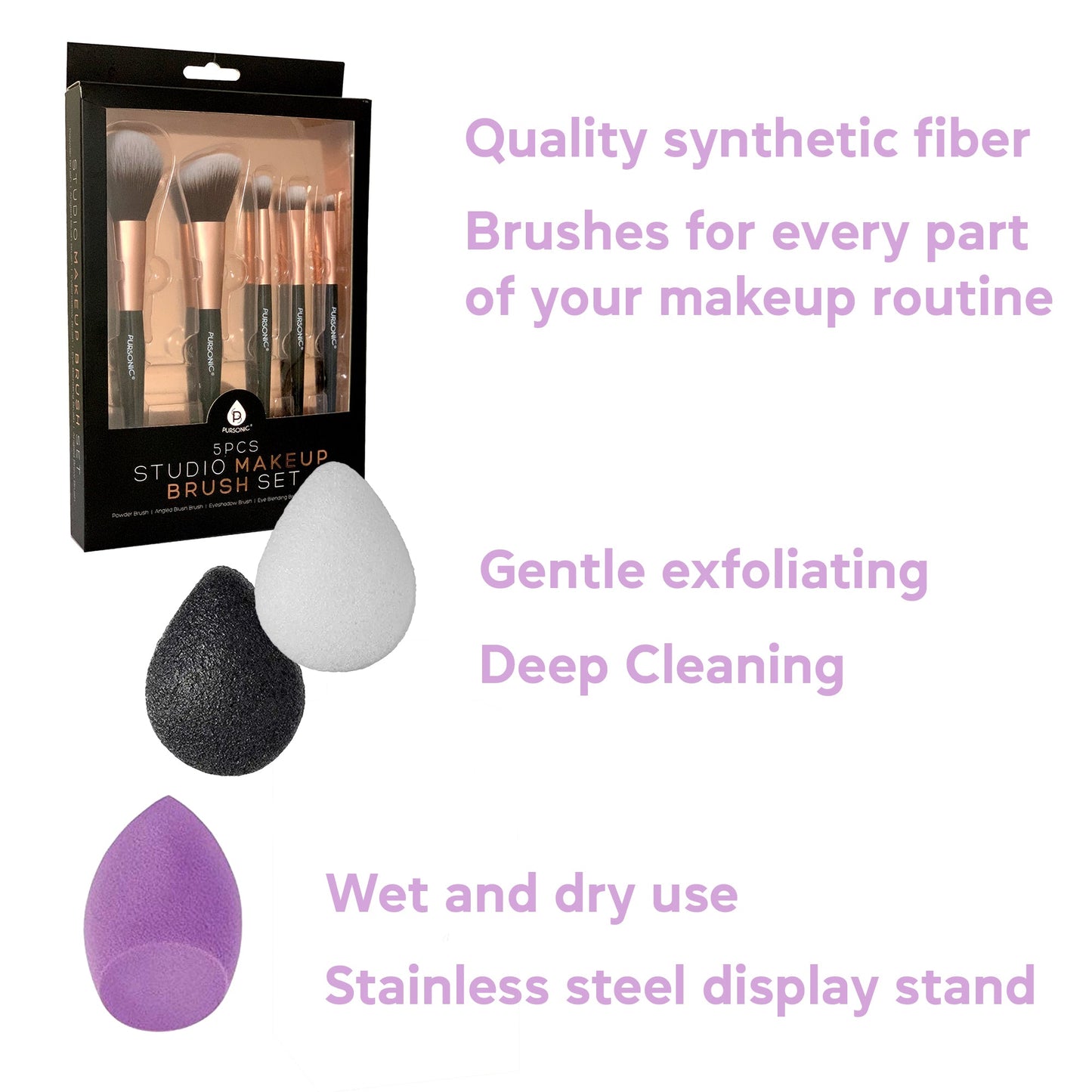 Beauty Essentials Bundle: Facial Makeup Blender Sponge + Natural Facial Konjac Sponge Duo Set(3 pack) + 5 Pcs Studio Makeup Brush Set (Black)-1