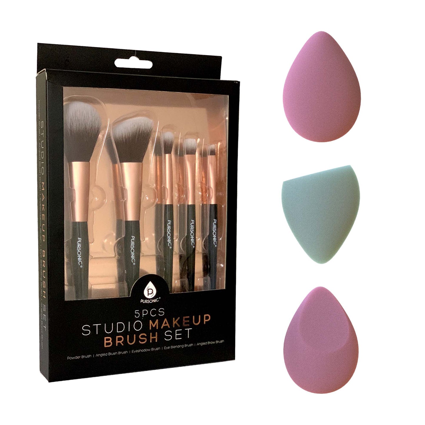 5-Piece Studio Makeup Brush Set & 3-Pack Beauty Makeup Sponge Blenders – Flawless Application Essentials-0