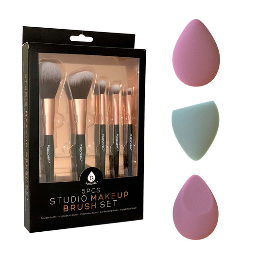 5-Piece Studio Makeup Brush Set & 3-Pack Beauty Makeup Sponge Blenders – Flawless Application Essentials-0