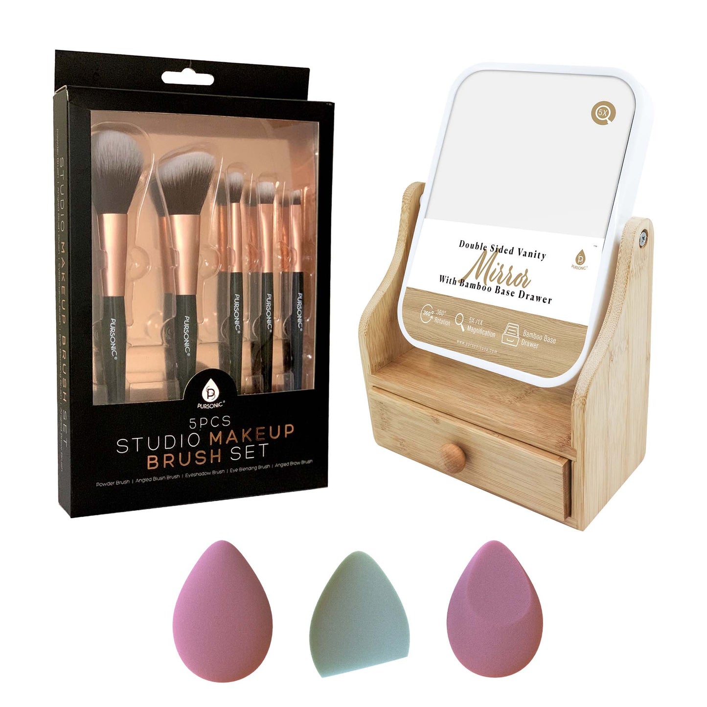 Pursonic Beauty Essentials Set – Studio Makeup Brush Set, Multi-Shape Sponges, and Dual-Sided Vanity Mirror with Bamboo Base-0