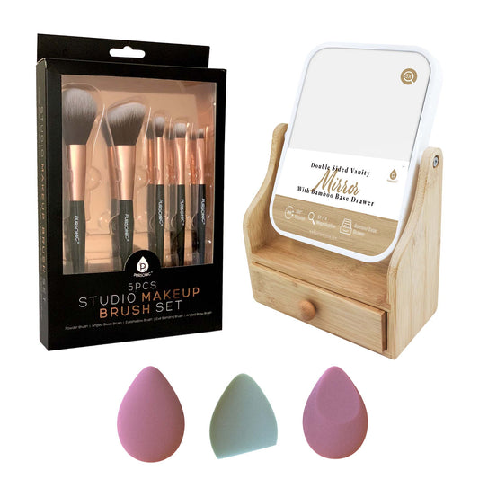 Pursonic Beauty Essentials Set – Studio Makeup Brush Set, Multi-Shape Sponges, and Dual-Sided Vanity Mirror with Bamboo Base-0