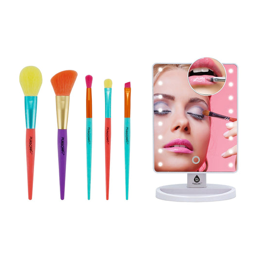 Pursonic Makeup Essentials Duo – LED Countertop Mirror + 5-Piece Brush Set-0
