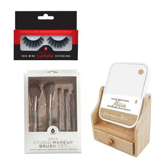 Pursonic Glamour Essentials Bundle: 5pc Studio Makeup Brush Set + False Eyelashes Extensions + Dual-Sided Vanity Mirror-0