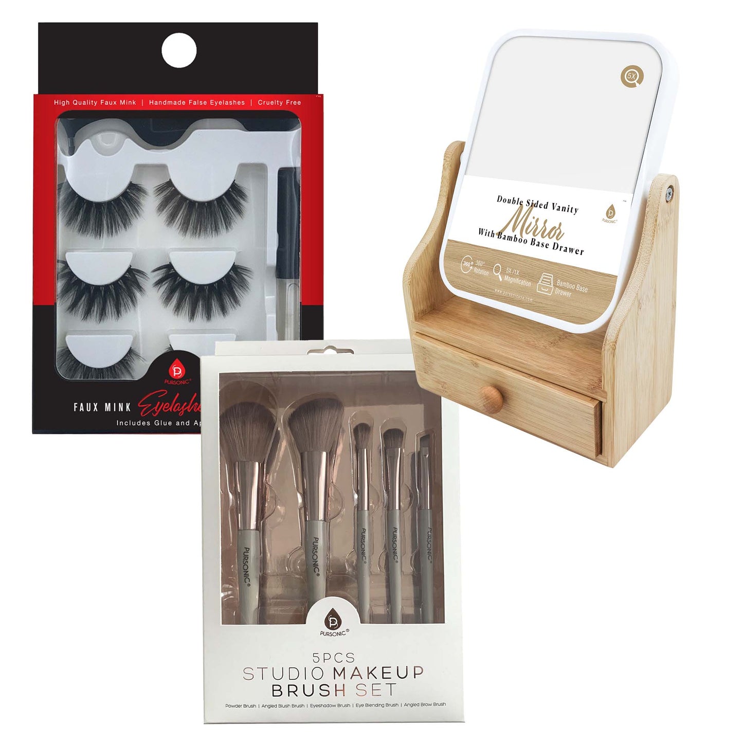 Pursonic Glamour Essentials Bundle: 5pc Studio Makeup Brush Set + False Eyelashes Extensions + Dual-Sided Vanity Mirror-5
