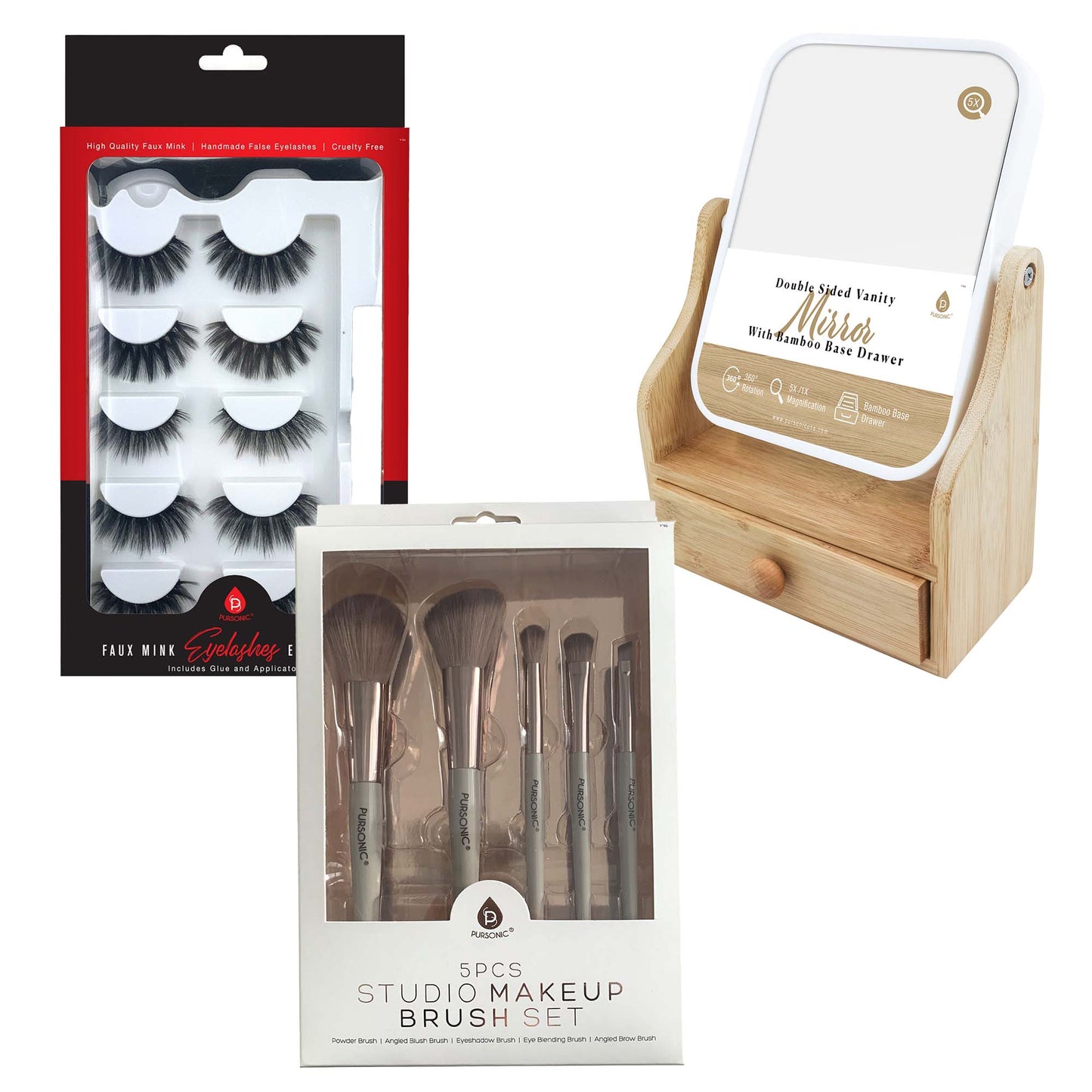 Pursonic Glamour Essentials Bundle: 5pc Studio Makeup Brush Set + False Eyelashes Extensions + Dual-Sided Vanity Mirror-4