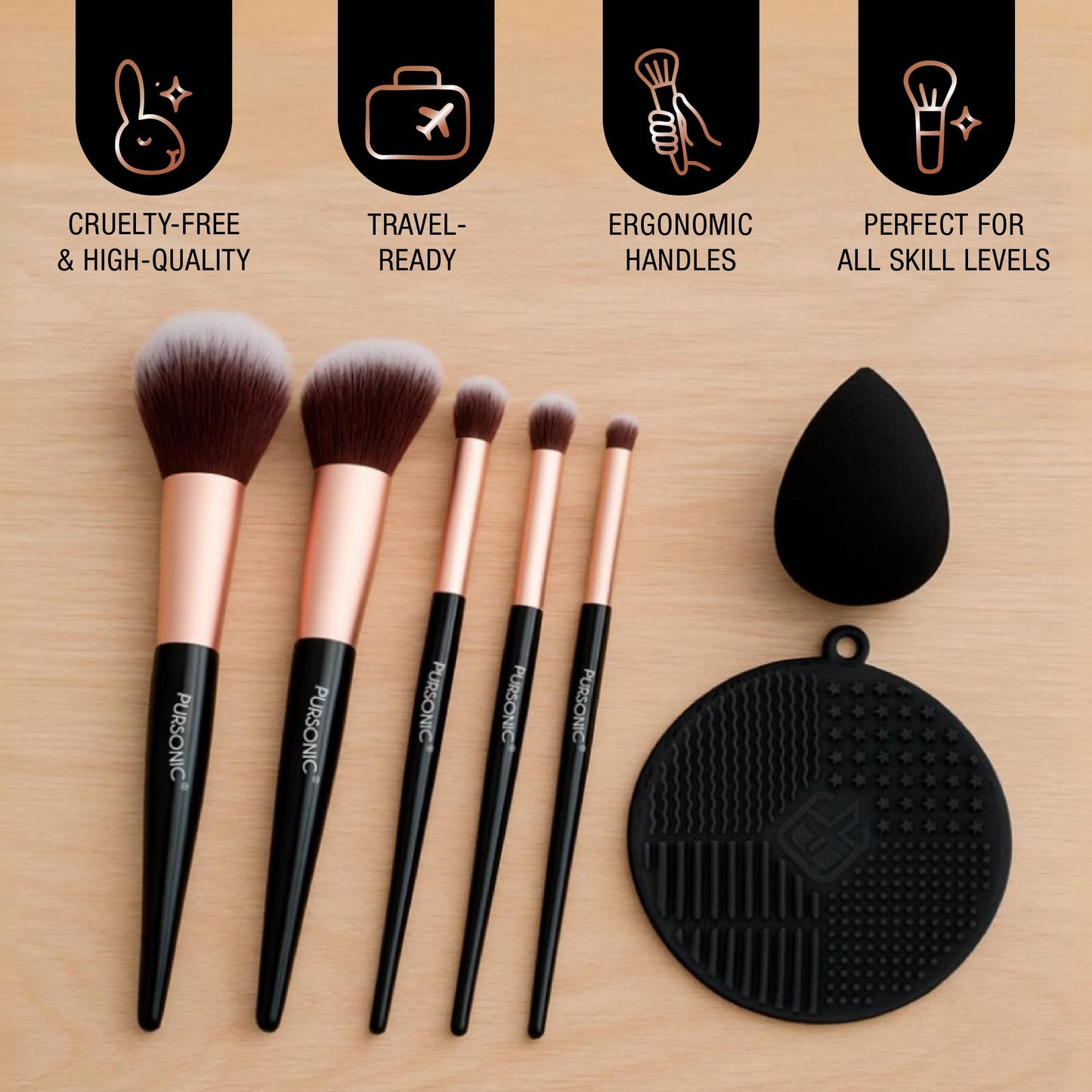 8-Piece Pro Makeup Application Set – 7 Brushes + Blending Sponge-2