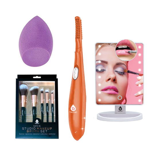 Pursonic Beauty Collection: Heated Curler, LED Mirror, Blender Sponge, & Brush Set-0