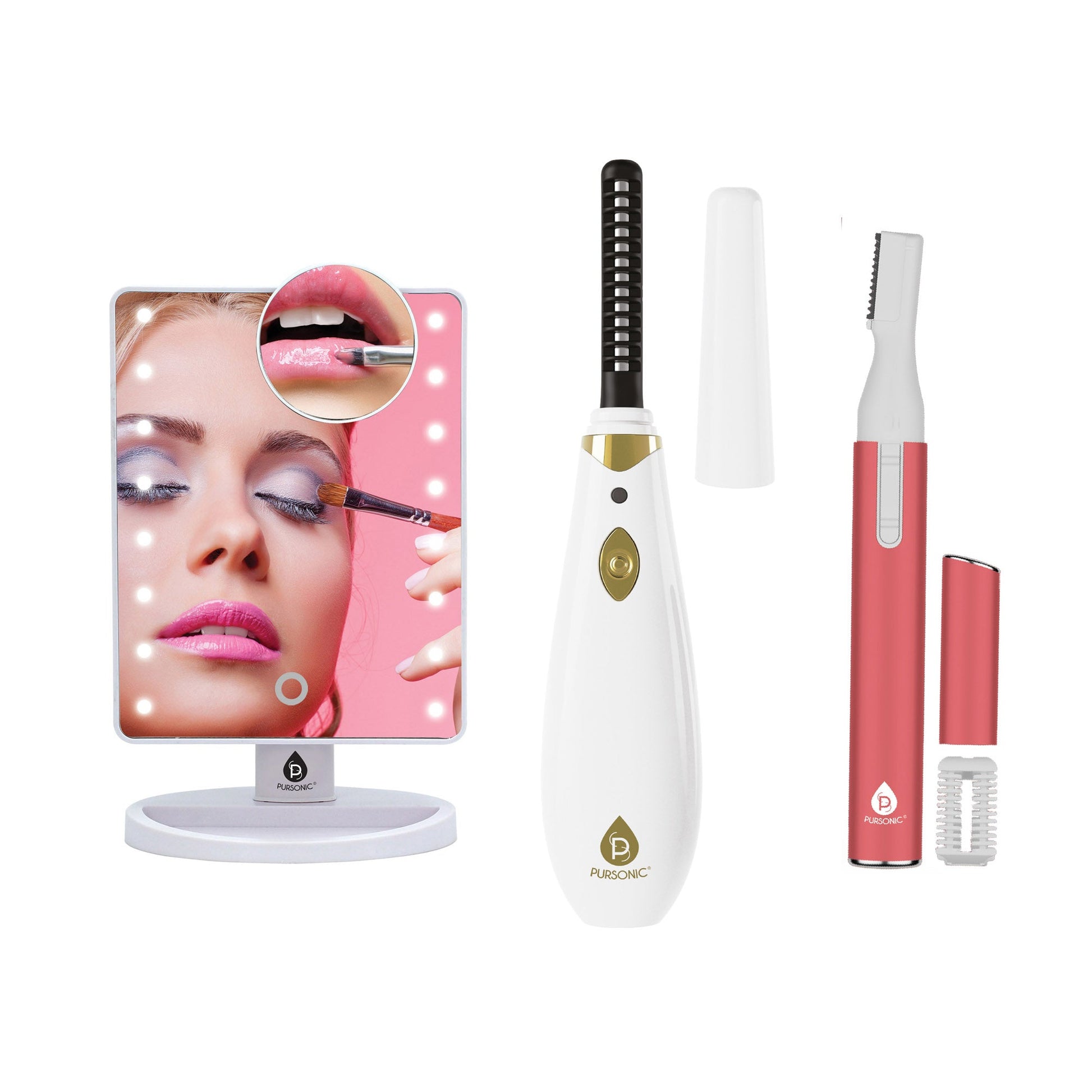Pursonic Facial Trimmer & Eyebrow Kit, Heated Eyelash Curler & Dimmable LED Vanity Mirror-0