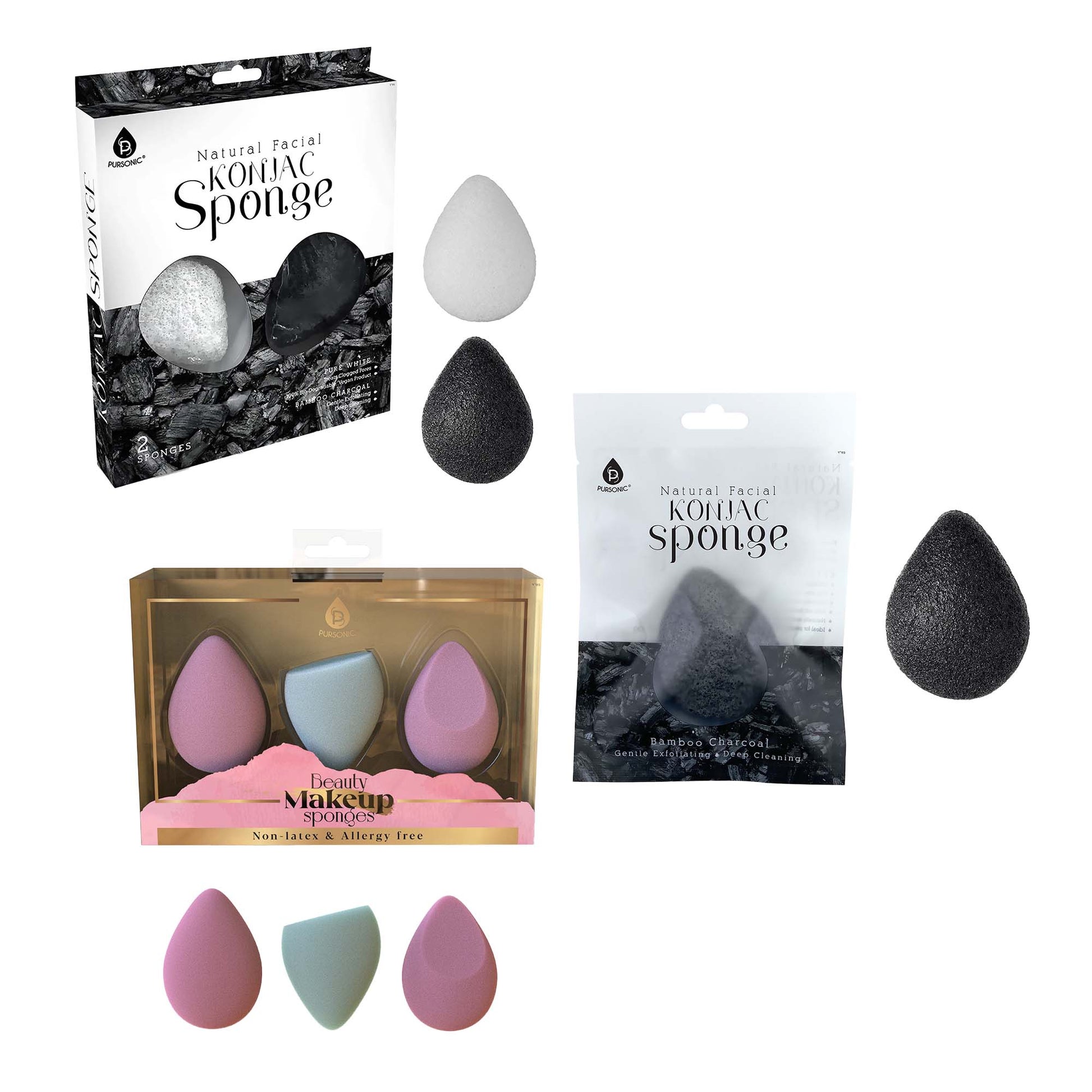 Pursonic Skin & Beauty Essentials Bundle – Konjac Sponge Duo, Bamboo Charcoal Konjac Sponge & 3-Pack Makeup Sponge Set-0