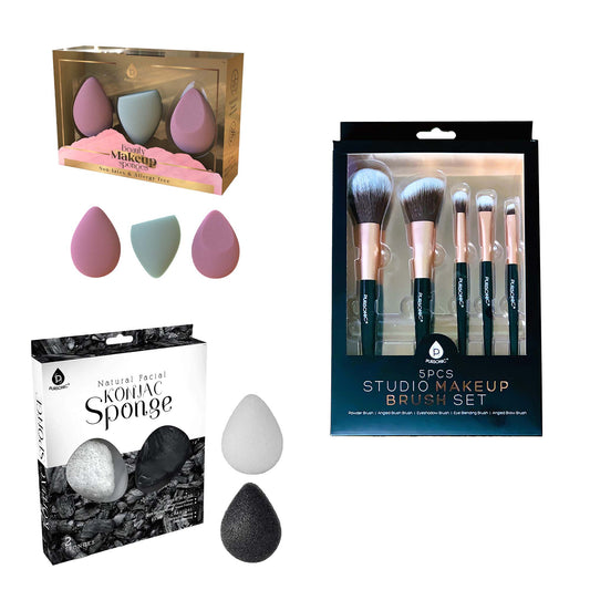 Pursonic Flawless Beauty Essentials Bundle – Includes 3-Pack Multi-Shape Makeup Sponges, Natural Konjac Sponge Duo & 5-Piece Black Studio Brush Set-0