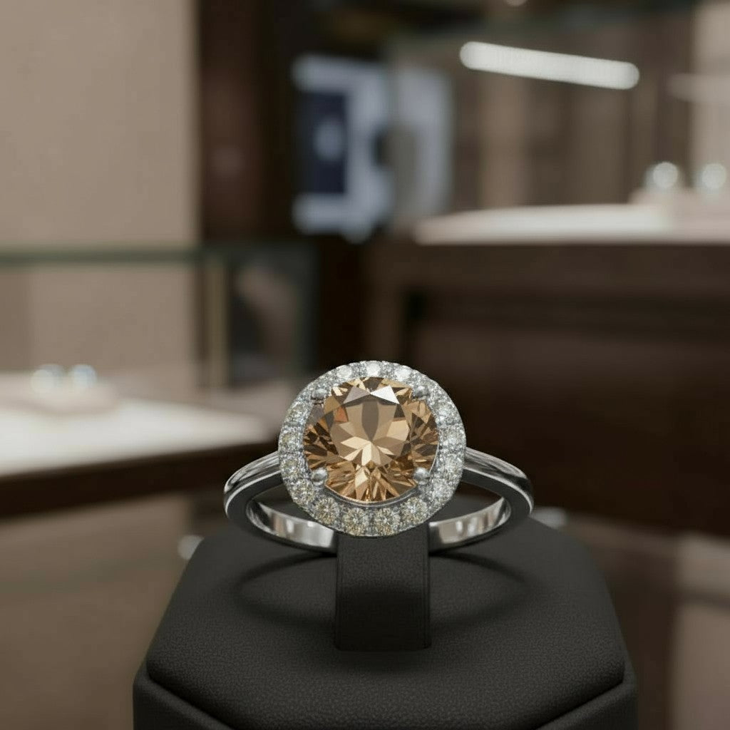 "Circle of Life" Round Portuguese Cut Cremation Ring with Halo 7mm
