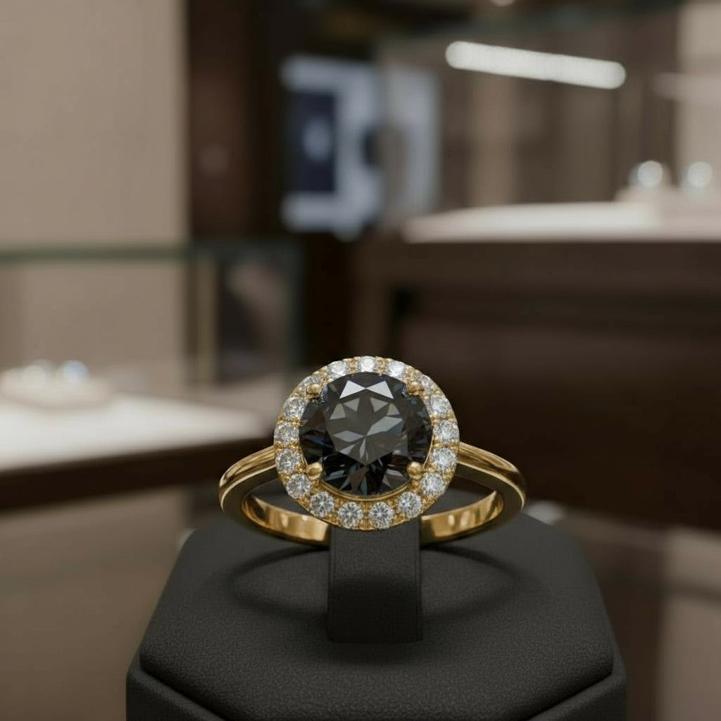 "Circle of Life" Round Portuguese Cut Cremation Ring with Halo 7mm