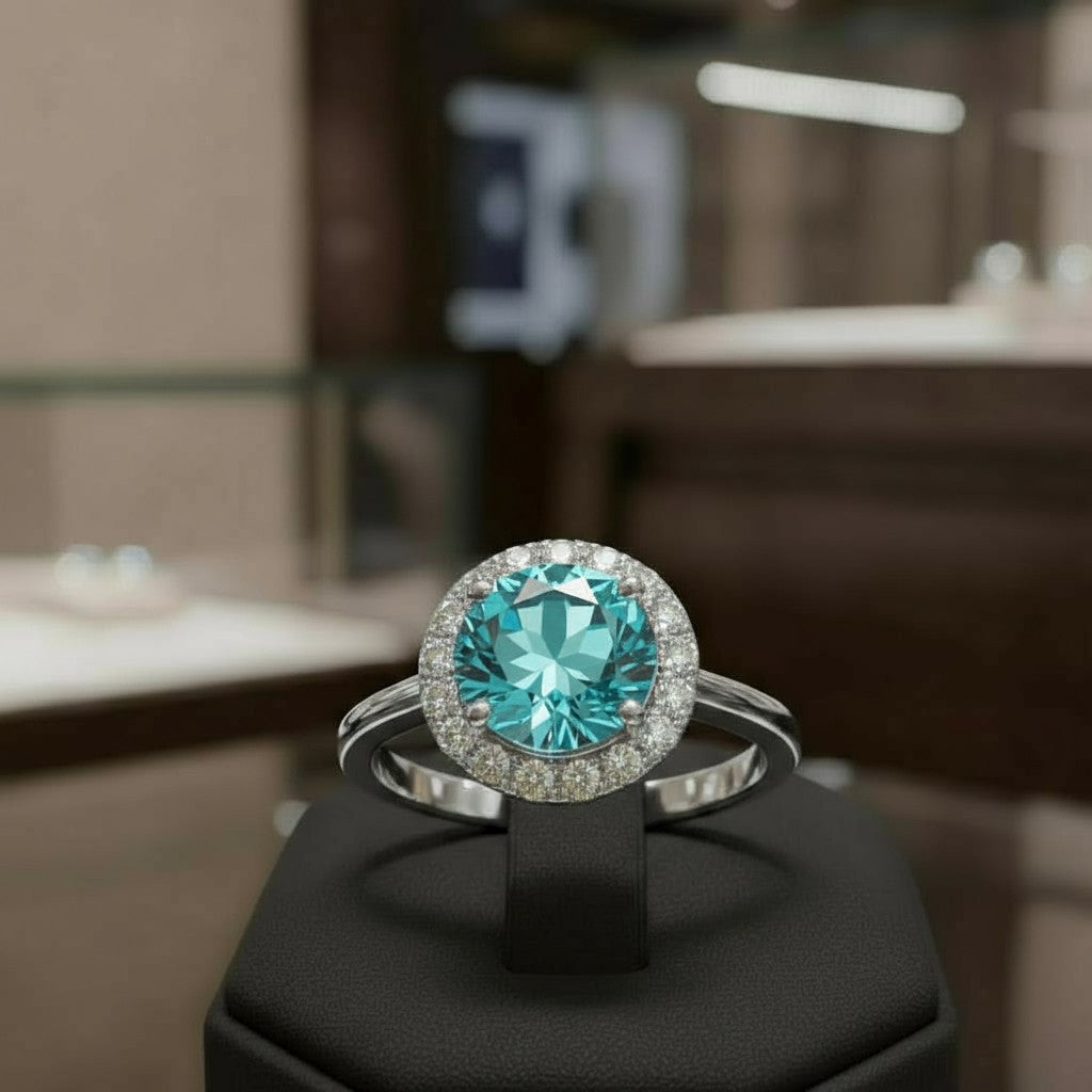 "Circle of Life" Round Portuguese Cut Cremation Ring with Halo 7mm