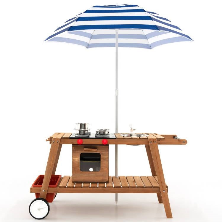 Kids Wooden Play Portable Cook Cart Set Navy/White Sun Proof Umbrella-2