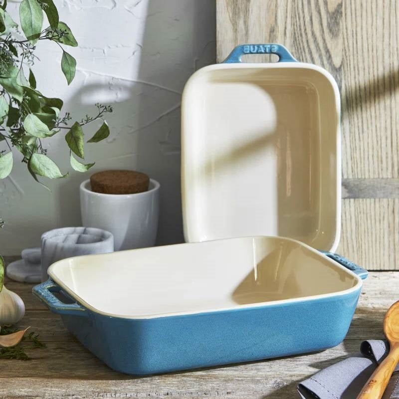 Set of 2 - Ceramic Stoneware Baking Dish Set in Blue Green Turquoise Ivory-2
