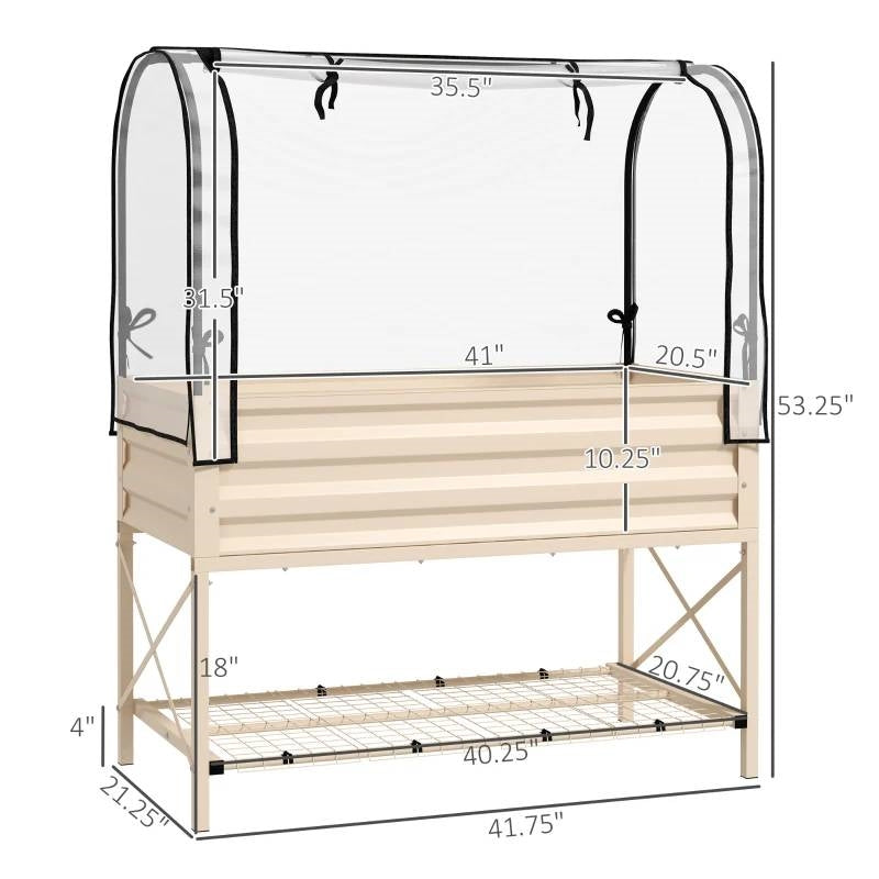 Cream Elevated Metal Raised Garden Bed w/ Greenhouse Cover-4