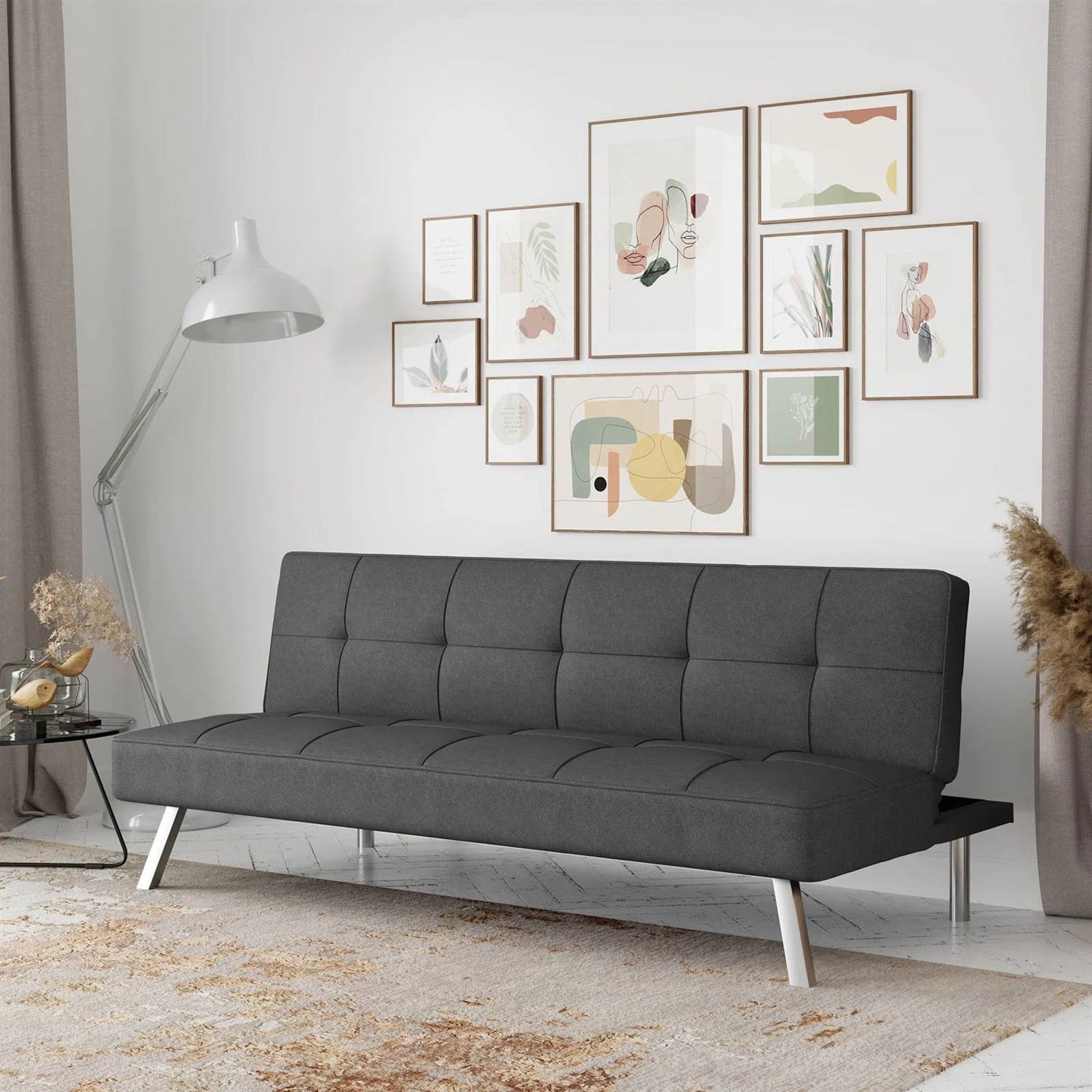 Modern Futon Sofa Bed in Charcoal Grey Fabric with Chrome Metal Legs-0
